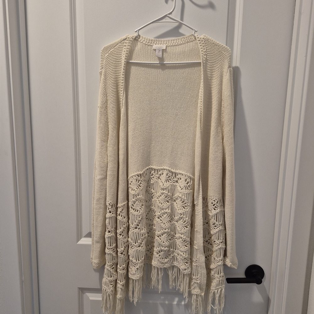 Chico's Cream Open-Front Cardigan with Fringe